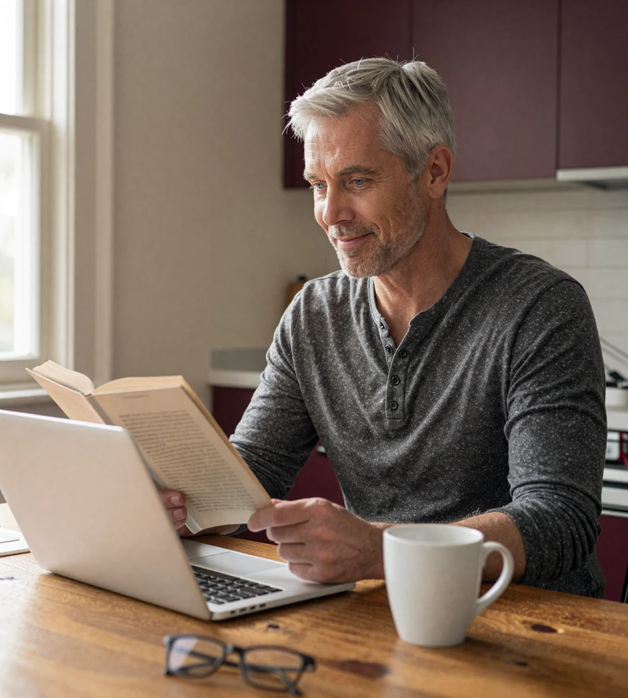 Mature man in his late fifties calmly setting up his LiliDate dating profile on a laptop at his kitchen table